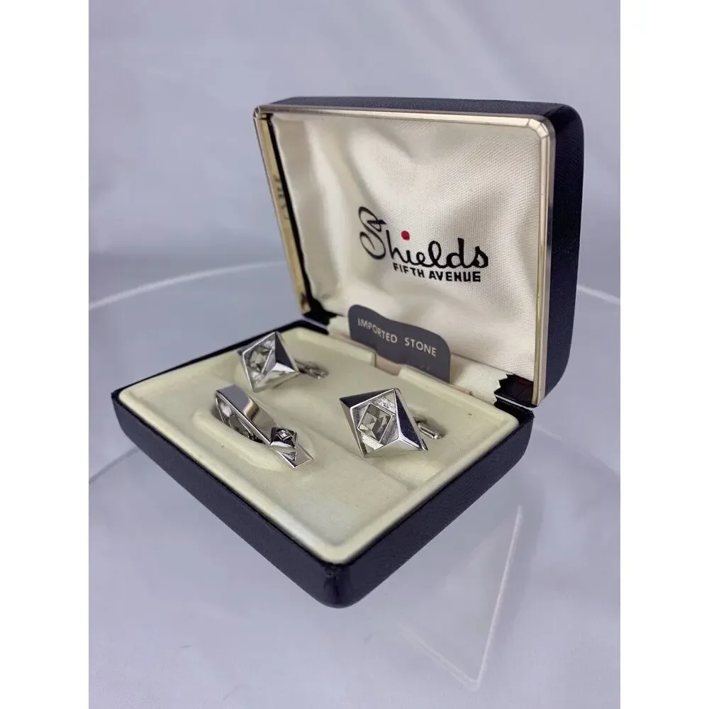 NOS Grey Rhinestone Diamond Silver Tone Cufflinks Tie Pin Shields Vintage O1